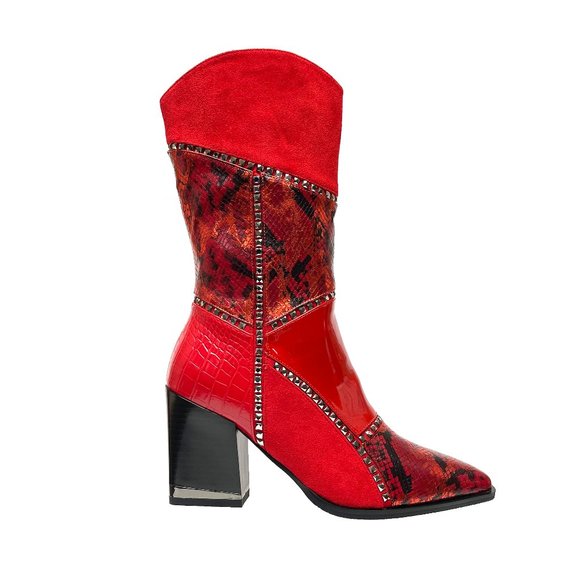 Trendy Red Fashion Fabric Leather Midcalf High Heel Boot - Picture 3 of 7
